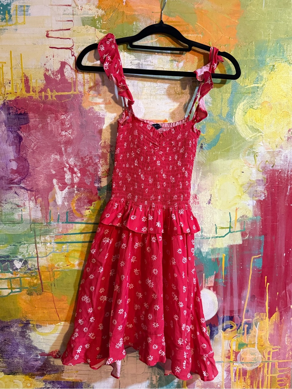 Blue Life Red Floral Smocked Mini Dress — Size XS 🌹
